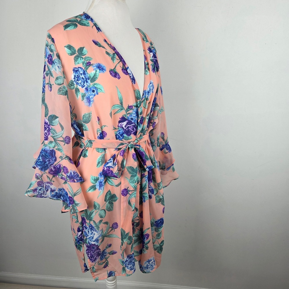 Susan Graver Peach Floral Chiffon Cardigan Kimono Ruffle Sleeve Robe 1X Feminine - Picture 2 of 11